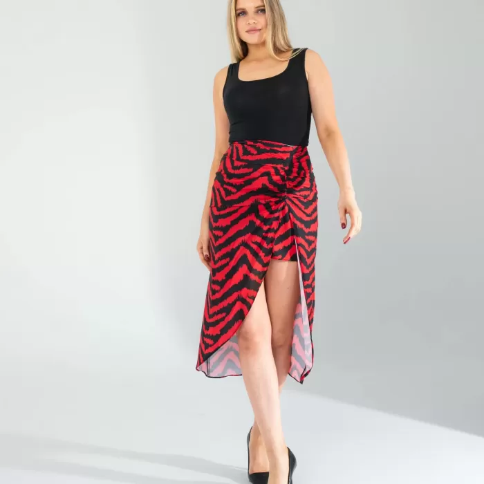 Kırmızı Zebra Desen Yandan Büzgülü Etek