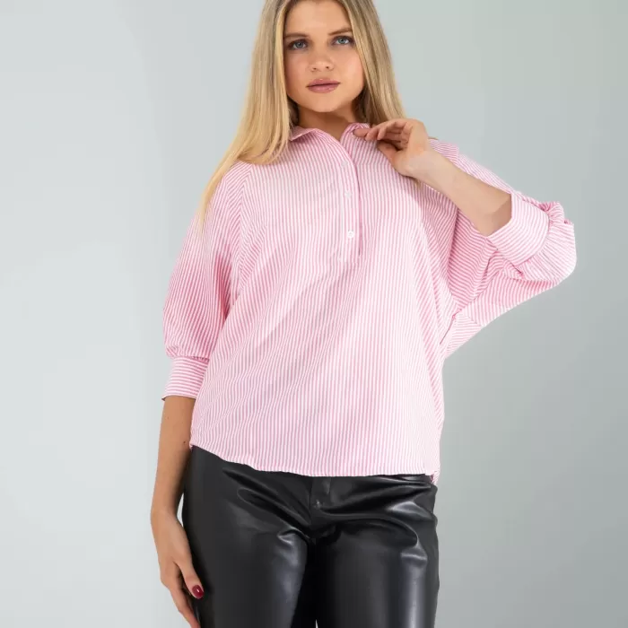 Yarım Düğme Pembe Çizgili Beyaz Gömlek