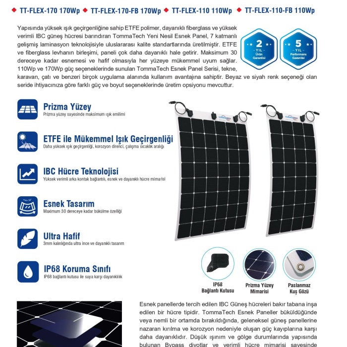 TommaTech 170Wp Flexible(Esnek) Dark Series Güneş Panelleri