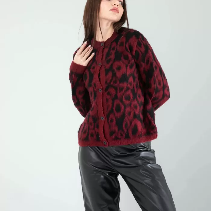 Kırmızı Leopar Desen Sakal Triko Hırka