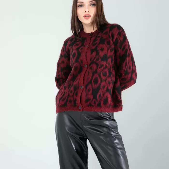 Kırmızı Leopar Desen Sakal Triko Hırka