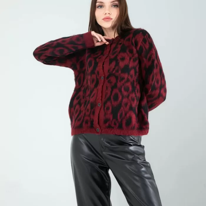 Kırmızı Leopar Desen Sakal Triko Hırka