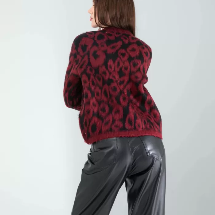 Kırmızı Leopar Desen Sakal Triko Hırka