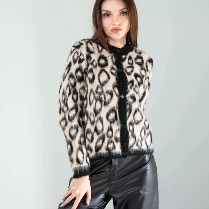 Camel Leopar Desen Sakal Triko Hırka