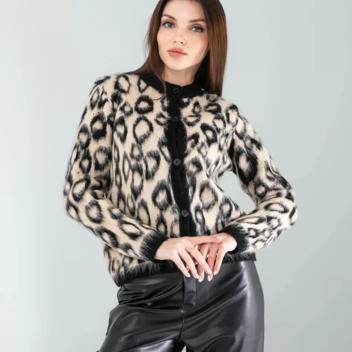 Camel Leopar Desen Sakal Triko Hırka