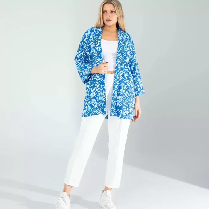 Çiçek Desen Mavi Kimono