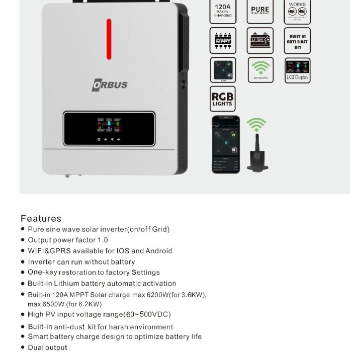 ORBUS ECO 1.6KW 12V MPPT Solar İnverter 30-450 VDC (Off Grid)