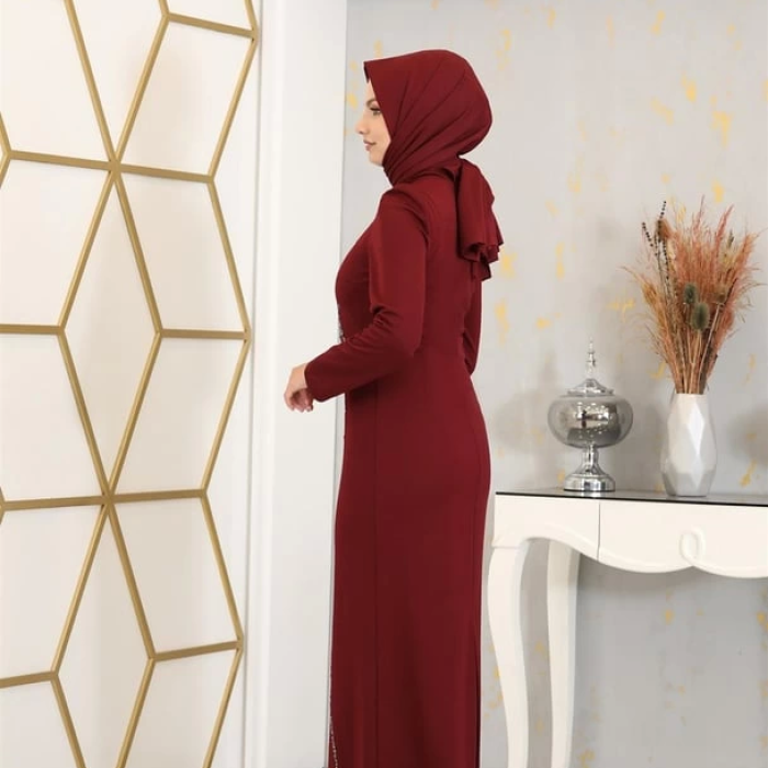 Aplik İşlemeli Kalem Tuana Kalem Tesettür Elbise - Bordo