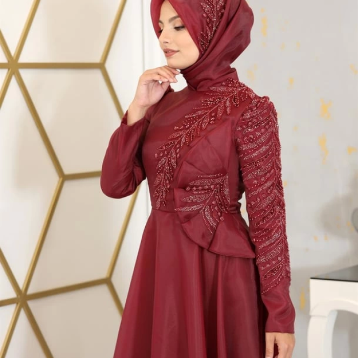 Çiçek Detaylı Ela Tesettür Abiye - Bordo