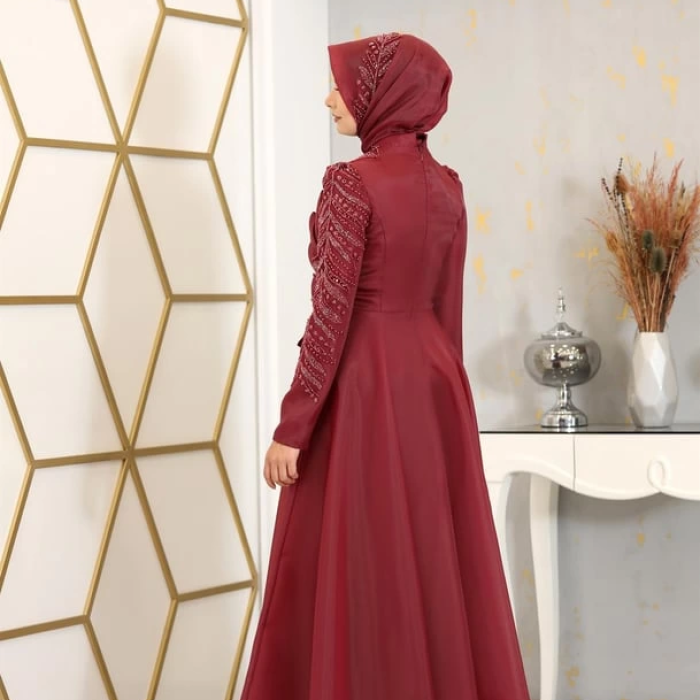 Çiçek Detaylı Ela Tesettür Abiye - Bordo