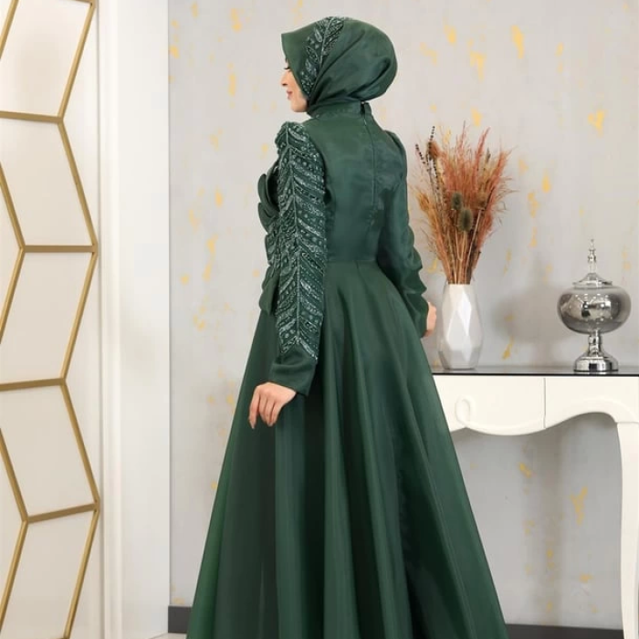 Çiçek Detaylı Ela Tesettür Abiye - Zümrüt Yeşili