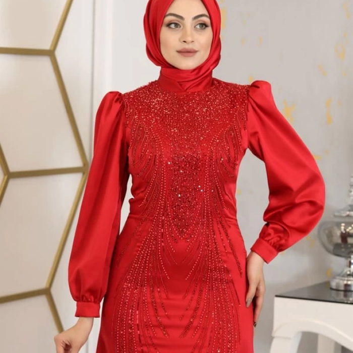 Boncuk Detaylı Masal Abiye Kırmızı