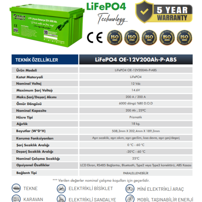 Orbit 12 V 200 Ah LifePO4 Marin Bluetooth Lityum Akü
