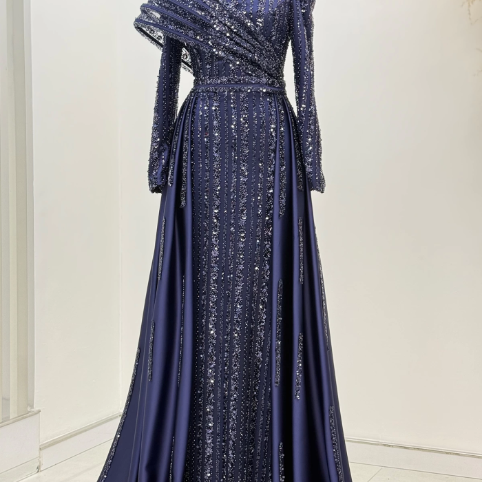 Omuz Detaylı Saten Elegance Abiye - Lacivert