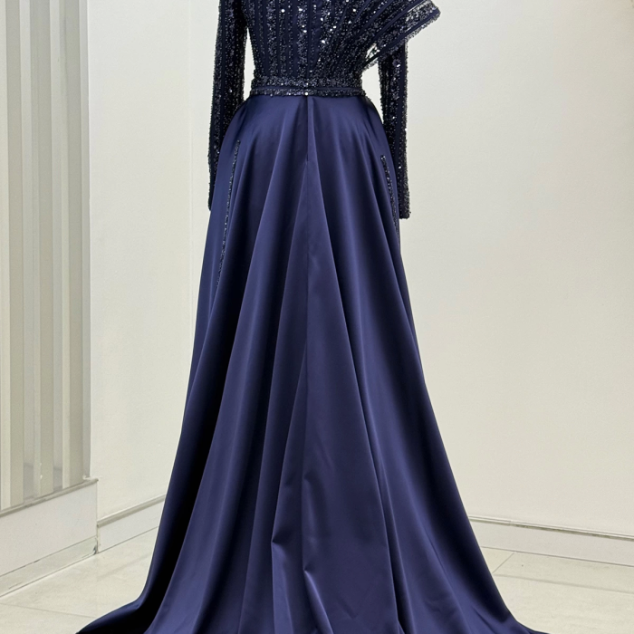 Omuz Detaylı Saten Elegance Abiye - Lacivert