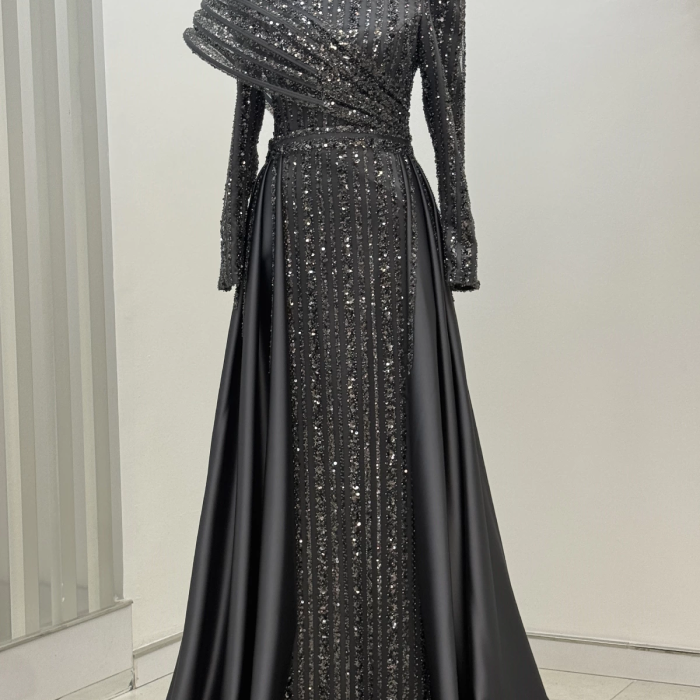 Omuz Detaylı Saten Elegance Abiye - Gri