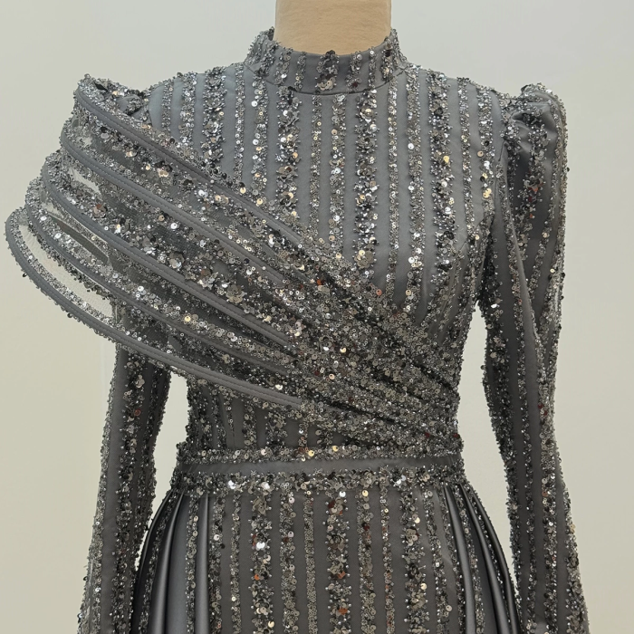 Omuz Detaylı Saten Elegance Abiye - Gri