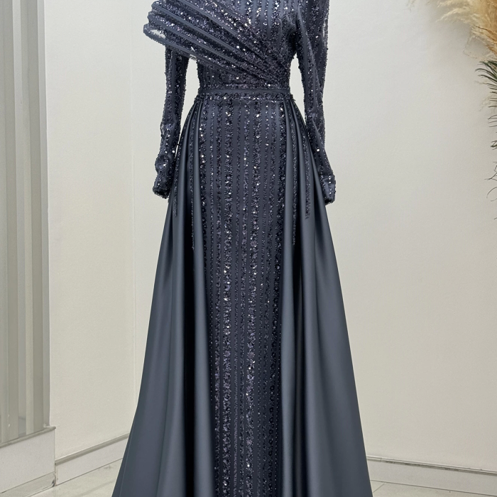 Omuz Detaylı Saten Elegance Abiye - İndigo