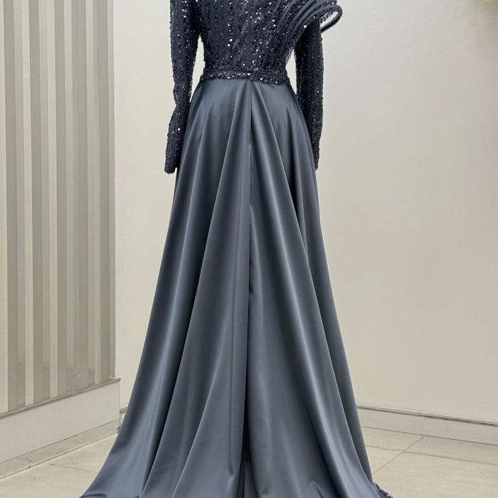 Omuz Detaylı Saten Elegance Abiye - İndigo