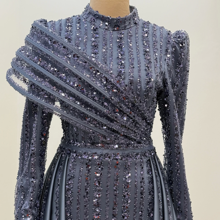 Omuz Detaylı Saten Elegance Abiye - İndigo