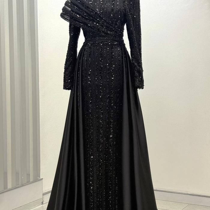 Omuz Detaylı Saten Elegance Abiye - Siyah