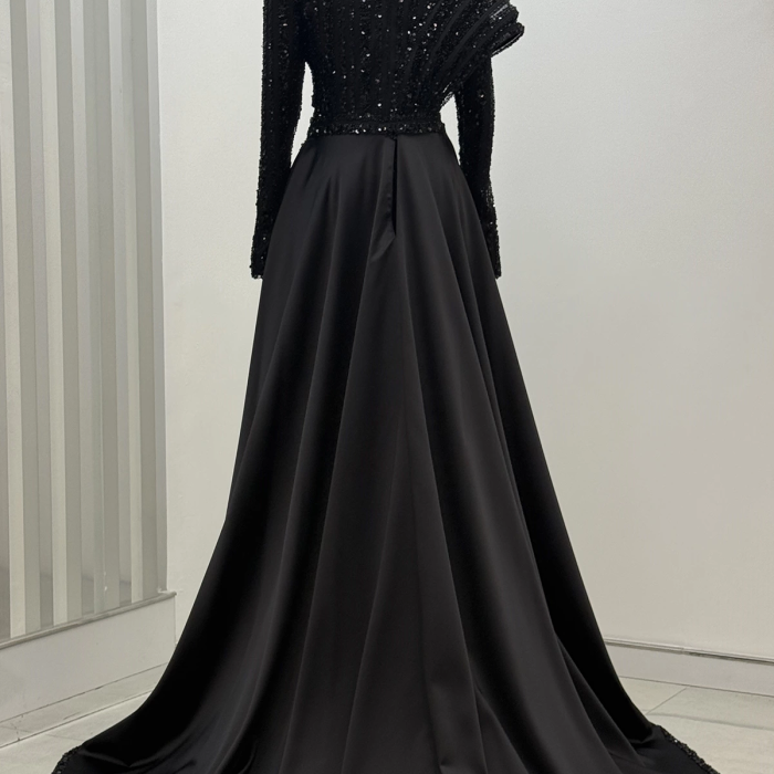 Omuz Detaylı Saten Elegance Abiye - Siyah