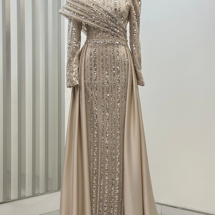 Omuz Detaylı Saten Elegance Abiye - Gold