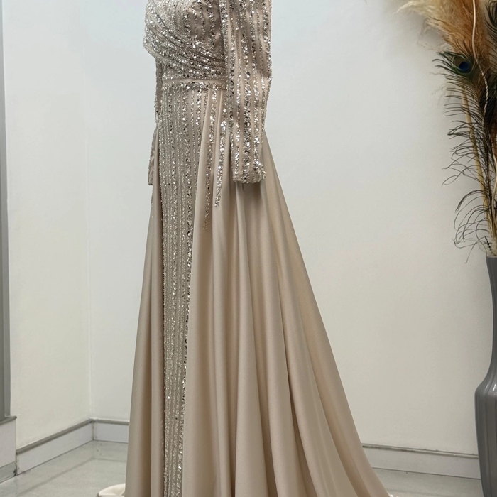 Omuz Detaylı Saten Elegance Abiye - Gold