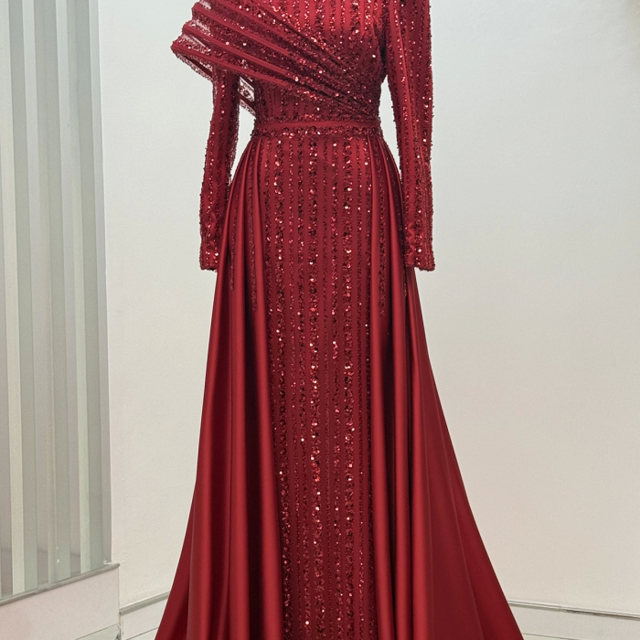Omuz Detaylı Saten Elegance Abiye - Kırmızı