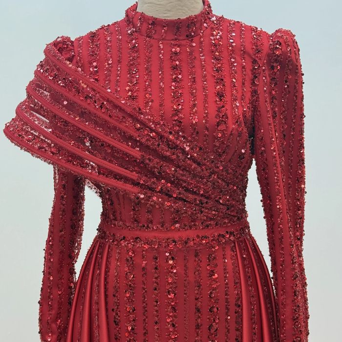 Omuz Detaylı Saten Elegance Abiye - Kırmızı