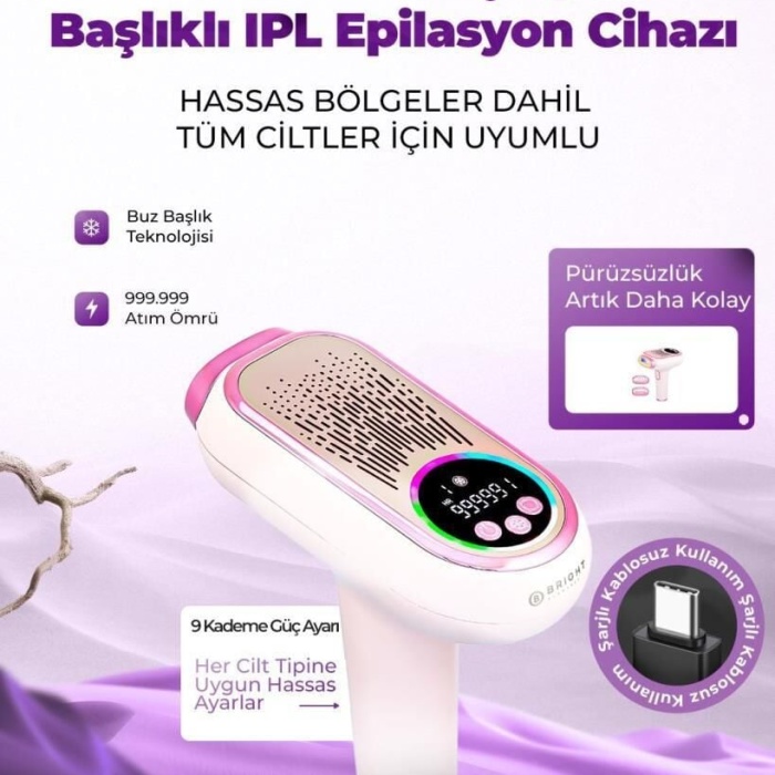 Bright Elegance BE-9088 Şarjlı Ipl Lazer Epilasyon Cihazı 999.999 Atım 9 Kademe Buz Başlık Hassas Dar Bölge Başlığı