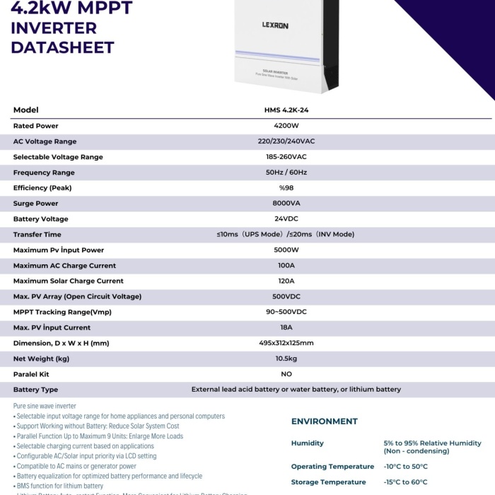 Lexron 24 V 4.2 KW Mppt 90-500V DC Input Yüksek Voltaj Tam Sinüs Akıllı İnverter
