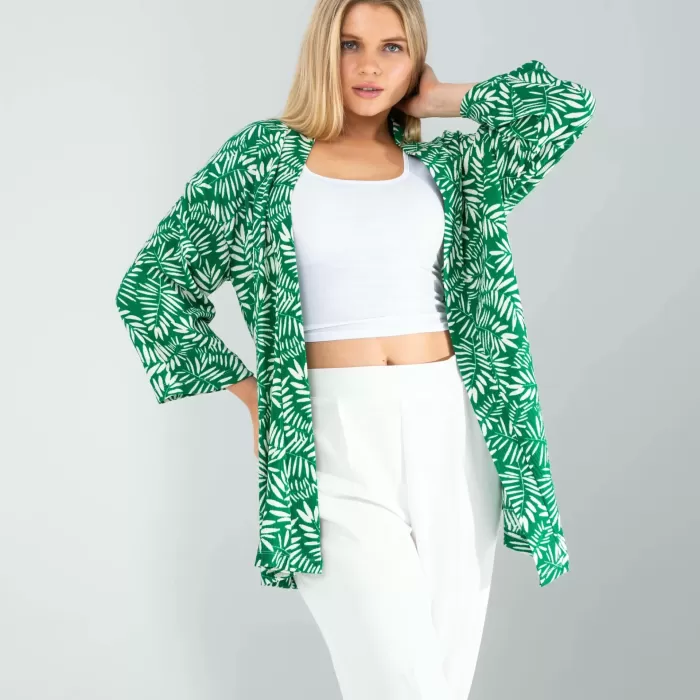 Çiçek Desen Yeşil Kimono