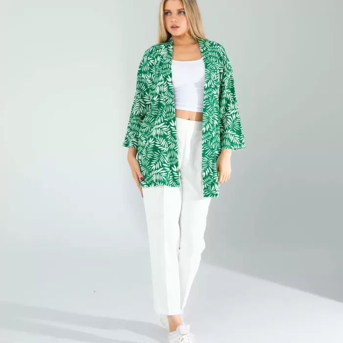 Çiçek Desen Yeşil Kimono