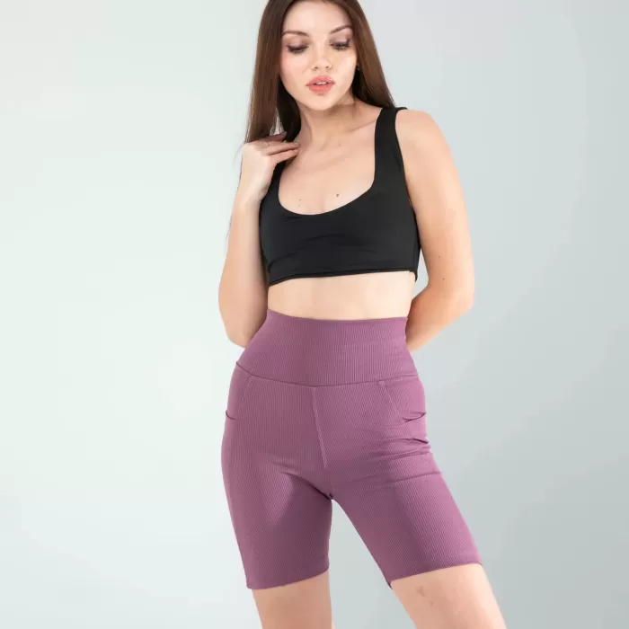 Lila Fitilli Push Up Toparlayıcı Biker Spor Tayt