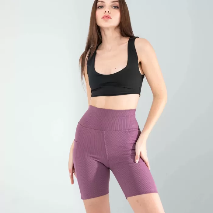 Lila Fitilli Push Up Toparlayıcı Biker Spor Tayt