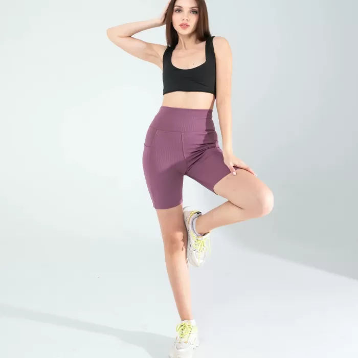 Lila Fitilli Push Up Toparlayıcı Biker Spor Tayt