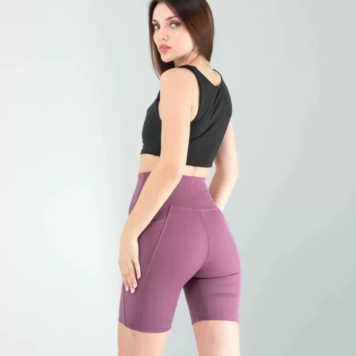 Lila Fitilli Push Up Toparlayıcı Biker Spor Tayt