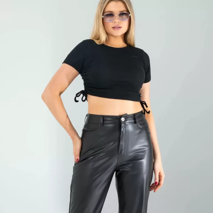 Siyah Yandan Büzgülü Crop