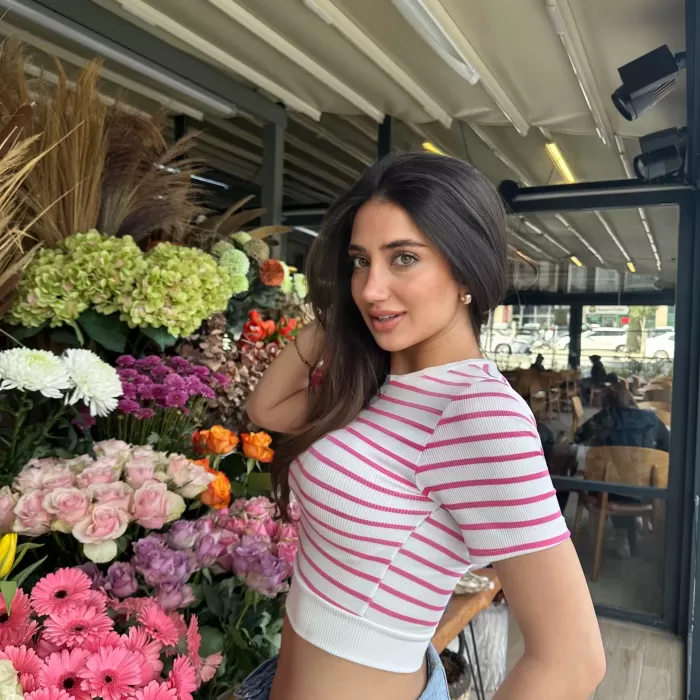Fuşya Çizgili Manşet Detay T-Shirt