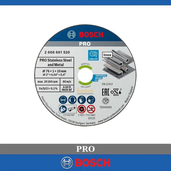 Bosch 76x1x10mm Inox Kesme Diski (5li pkt) GWS 12V-76 için 2608601520