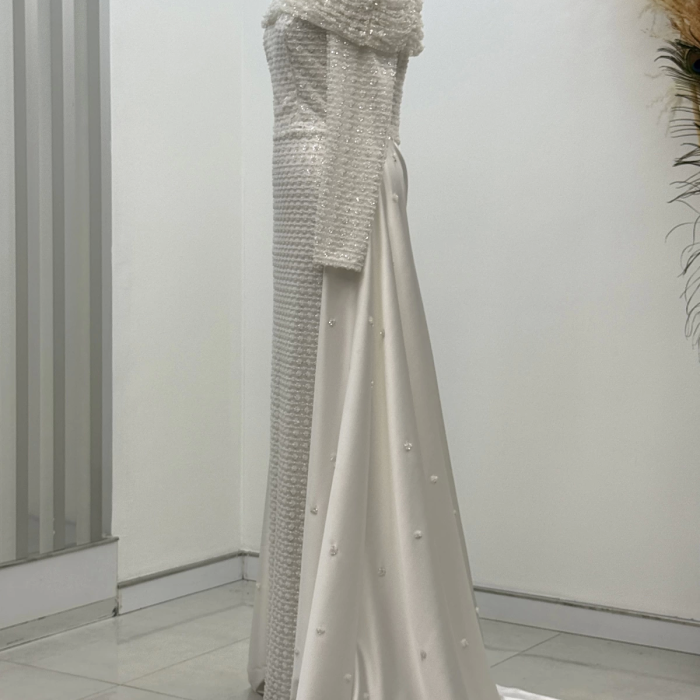 Omuz Drape Detaylı Griselda Abiye - Beyaz