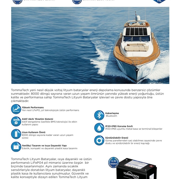 TommaTech 25.6 V 100 AH Marin Bluetooth Lityum Batarya