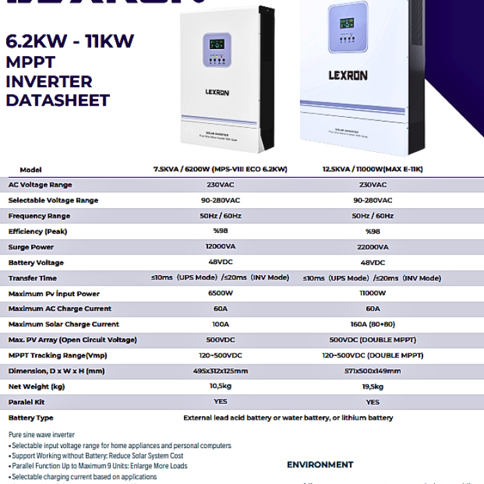 Lexron 6.2 kW 48 V Mppt 90-500v Pv Input 100a Mppt Akıllı Inverter Parallenebilir