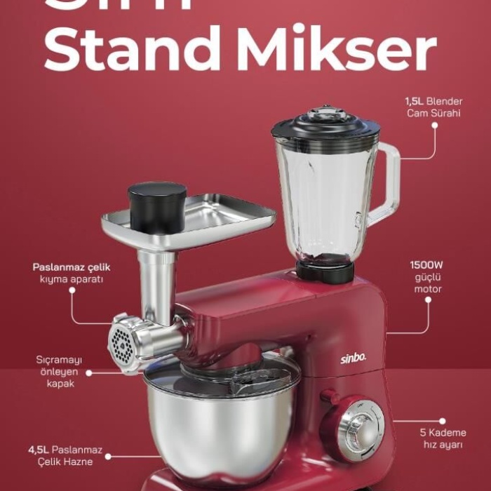 Sinbo SMX-2775 Çok Amaçlı 3ın1 Mutfak Şefi Hamur Yoğurma Kıyma Makinesi Sürahi Blender 1500w Kırmızı