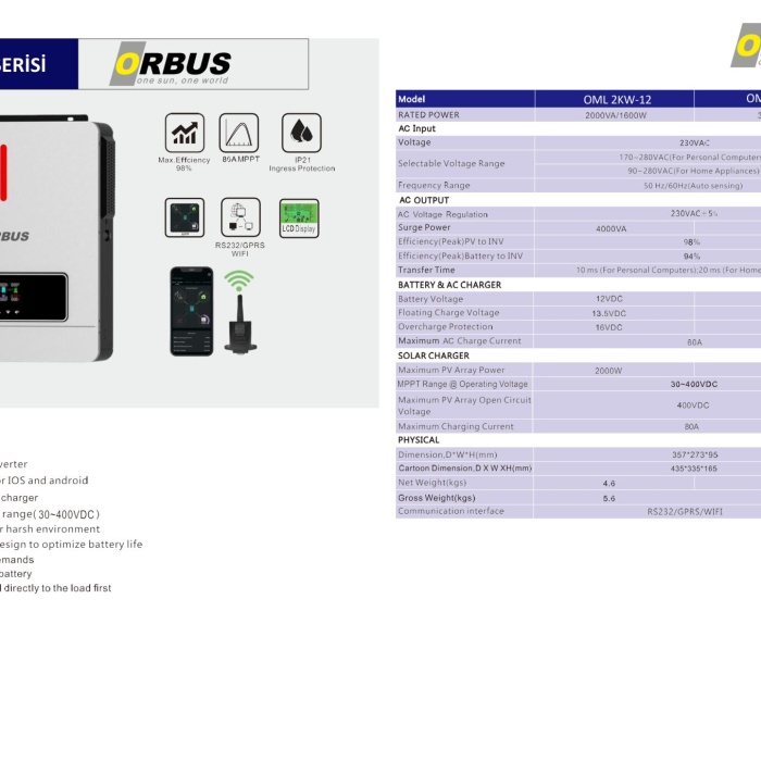 ORBUS ECO 3 kW 24 V Mppt Akıllı İnverter
