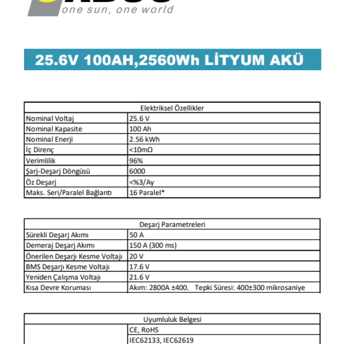 Orbus 25.6V 100Ah Solar&Marin LiFePO4 Lityum Akü