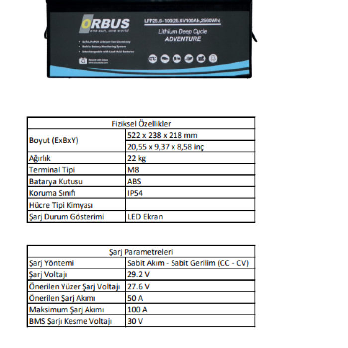 Orbus 25.6V 100Ah Solar&Marin LiFePO4 Lityum Akü
