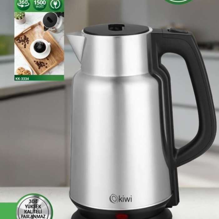 Kiwi KK-3334 Su Isıtıcı | 2.2L Paslanmaz Çelik, 360° Kablosuz, Gizli Rezistans