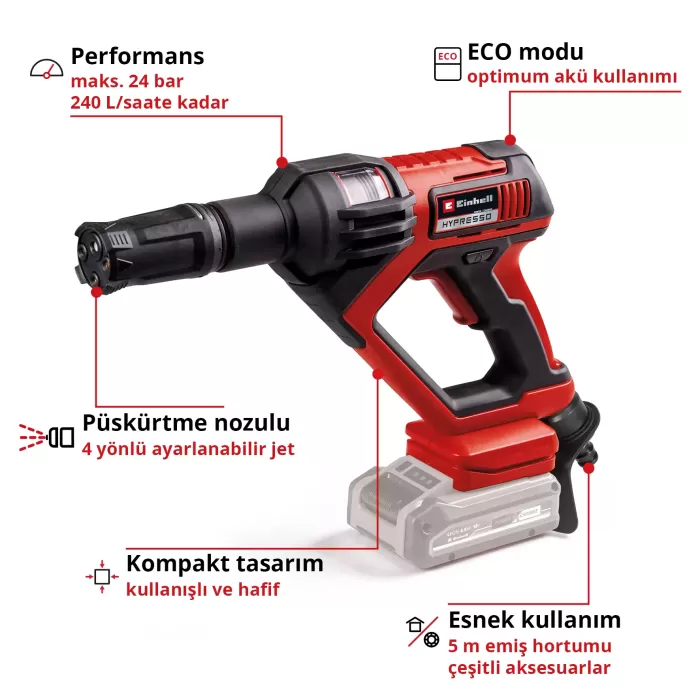 Einhell HYPRESSO 18/24-1, Akülü Yüksek Basınçlı Yıkama Makinası 18V 1 x 4 Ah + Şarj Cihazı